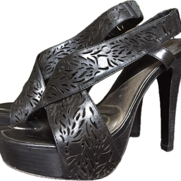 Diane von Furstenberg Black Leather Slingback Platform Stacked Heels Shoes - Picture 1 of 4